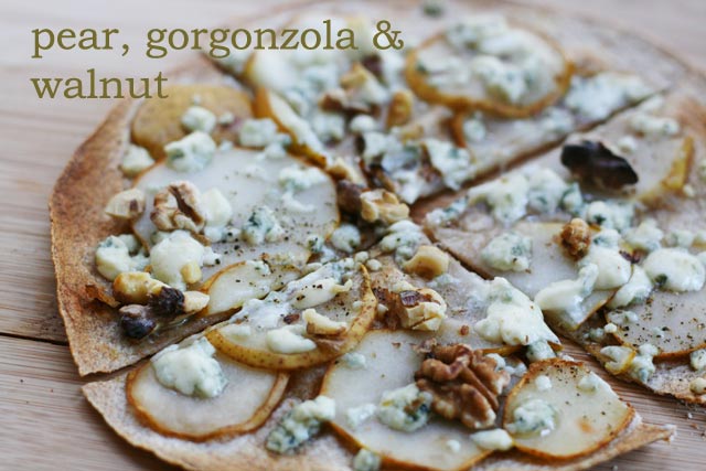 Tortilla shell pizza recipe: Pear, Gorgonzola and Walnut. Repin to save!