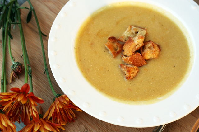 Acorn squash and pear soup with cinnamon sugar croutons. Make use of an abundance of acorn squash this fall!