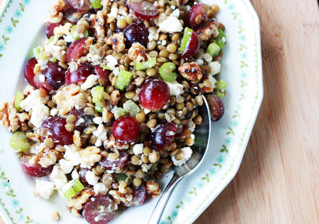 Lentil, grape, feta, walnut salad recipe, from Cheap Recipe Blog. Repin to save!