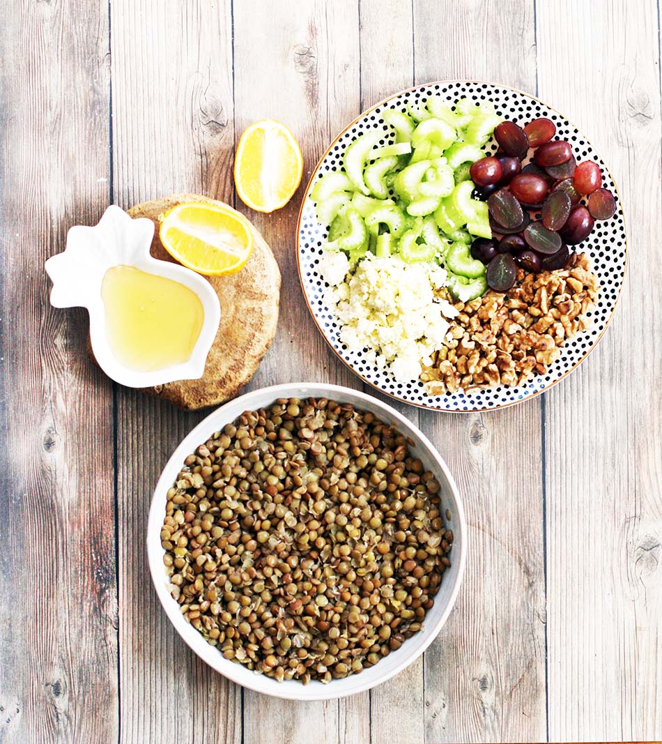 Ingredients for lentil, grape, Feta, and walnut salad. Click through for complete recipe.