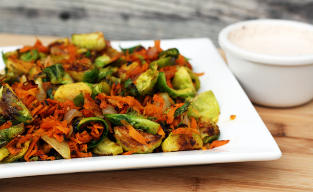 Sweet potato and brussels sprouts hash with chipotle crema recipe