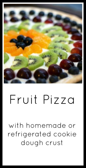 Fruit pizza recipe (homemade and refrigerated cookie dough crust instructions included). Click through for recipe!