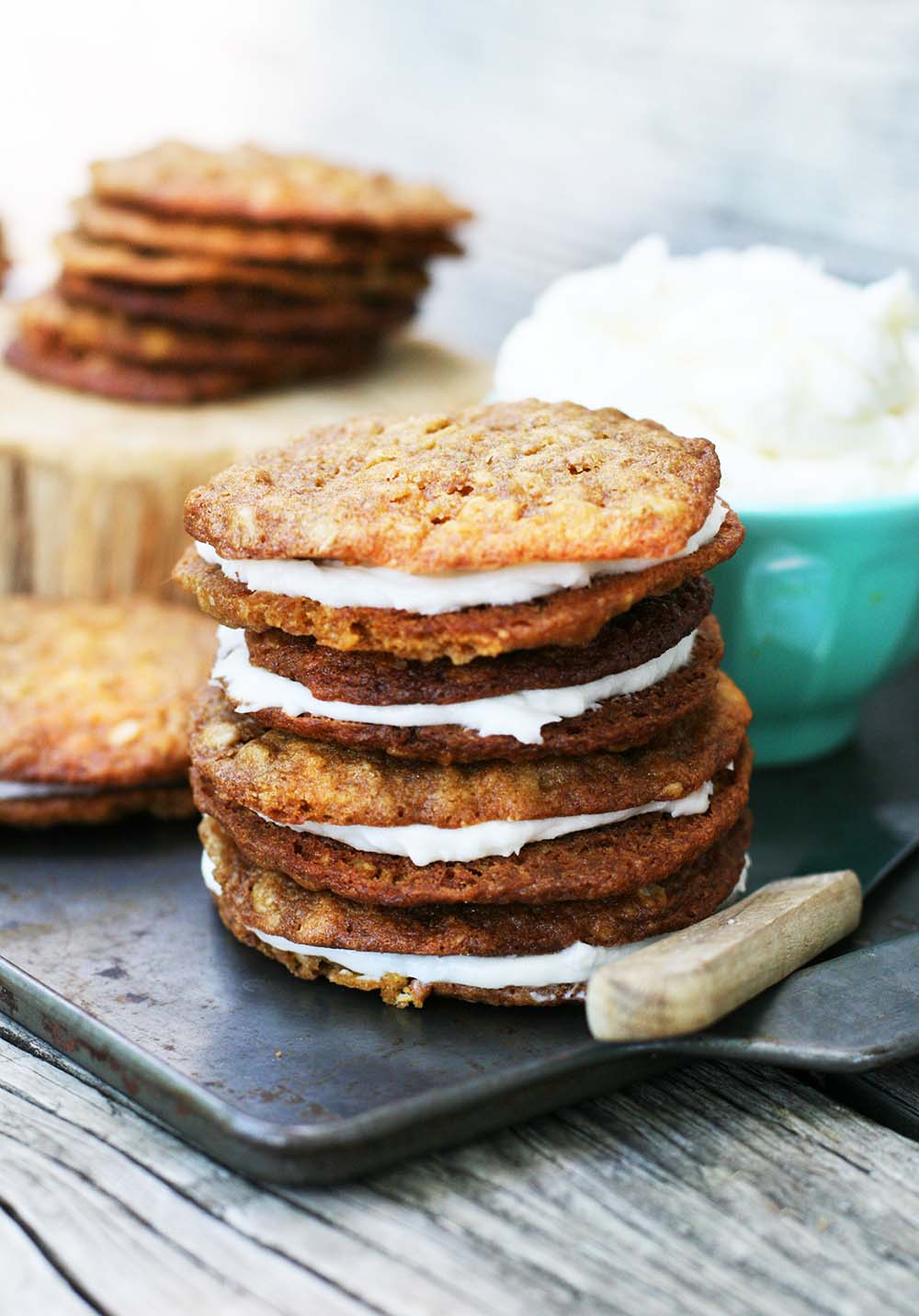 Homemade oatmeal cream pies: Two oatmeal cookies are sandwiched together with a sweet frosting.