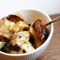 Challah bread pudding with chocolate and caramel sauce