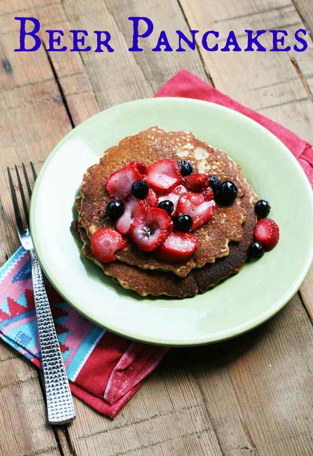 Beer pancake recipe with macerated strawberries and blueberries