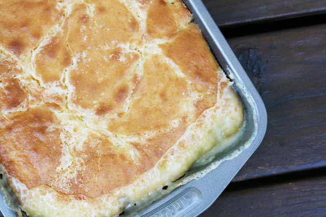 Rhubarb custard cake, a very old recipe that makes use of plentiful rhubarb in the spring. Click through for recipe.