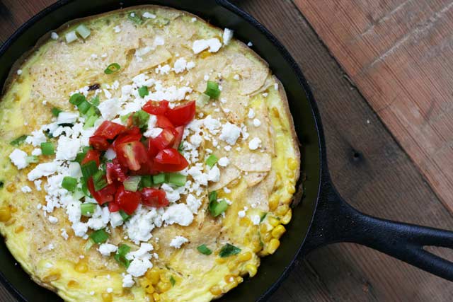 Corn and scallion chilaquiles recipe by Martha Stewart adapted by Cheap Recipe Blog