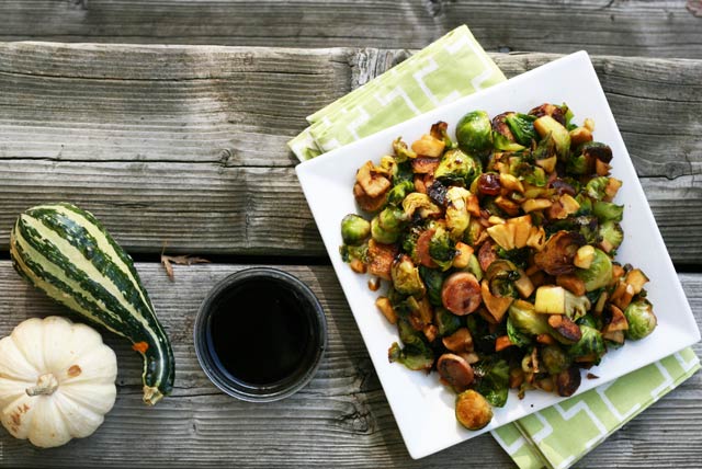 What happens when you mix Brussels sprouts with apples, sausage, and balsamic vinegar? Find out! Click through for recipe.