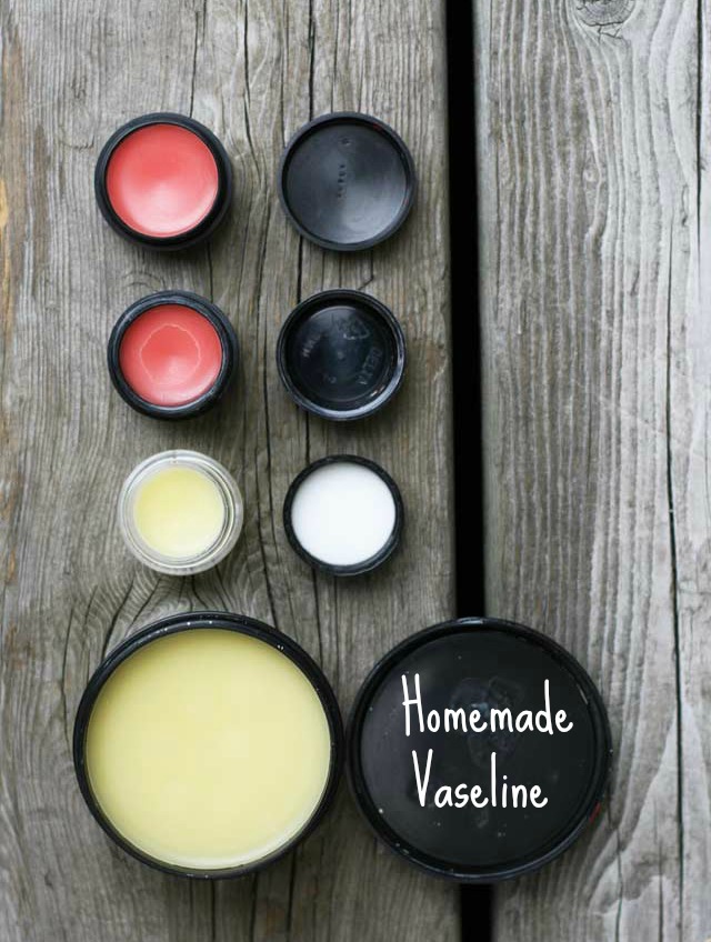 Homemade Vaseline (and tinted lip balm) recipe from Cheap Recipe Blog. Click through for instructions.