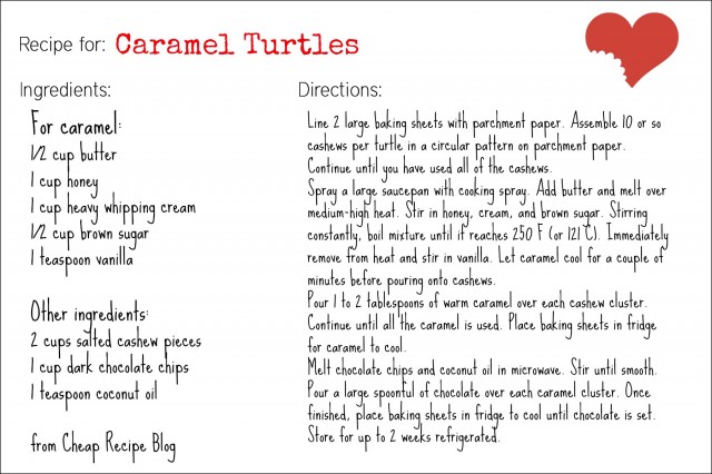 Homemade caramel turtles recipe card