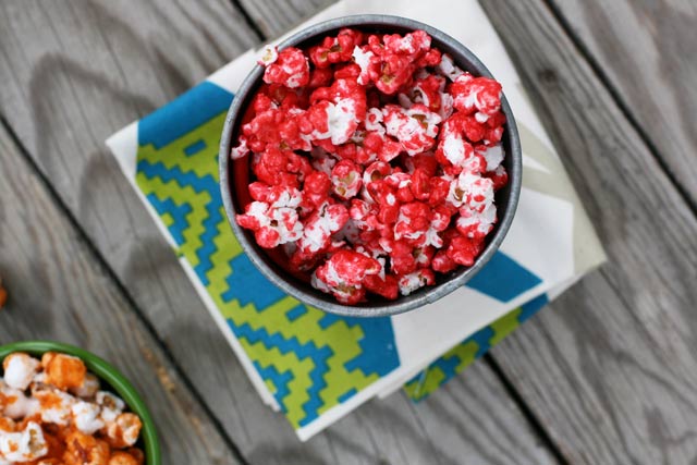 Candied Jell-O popcorn recipe. You can use any flavor of Jell-O (this one is cranberry) Repin to save.