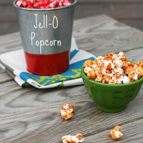 Candied Jell-O popcorn recipe. You can use any flavor of Jell-O! Repin to save.