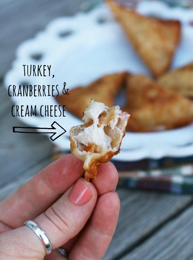 Leftover turkey, cranberries & cream cheese make delicious wontons. Repin to save!