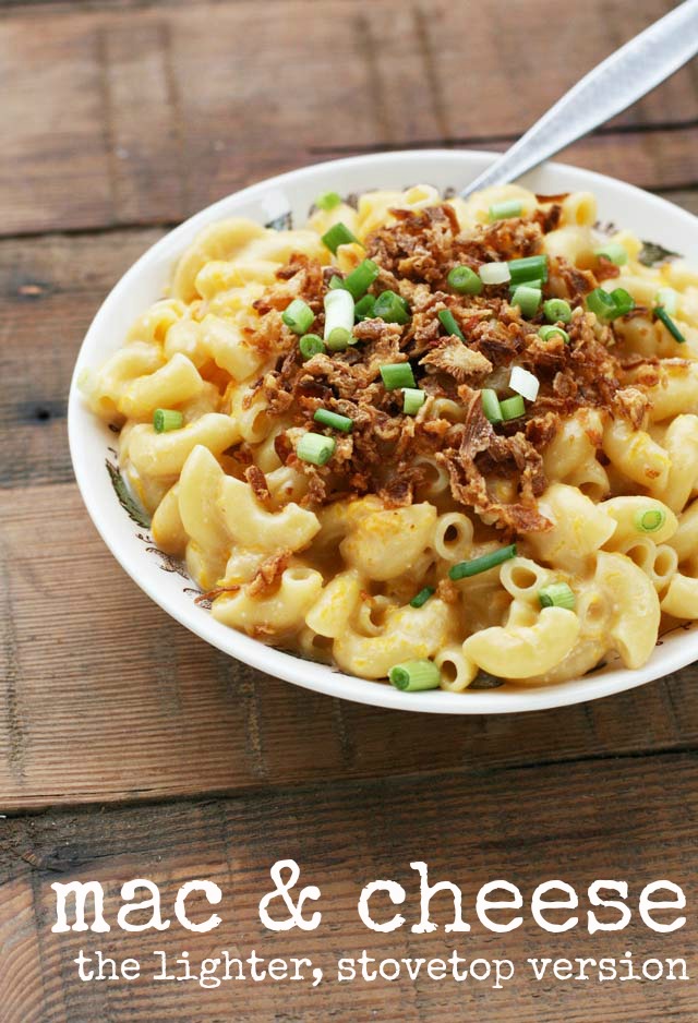 Lightened-up, stovetop mac & cheese recipe. Click through for details!