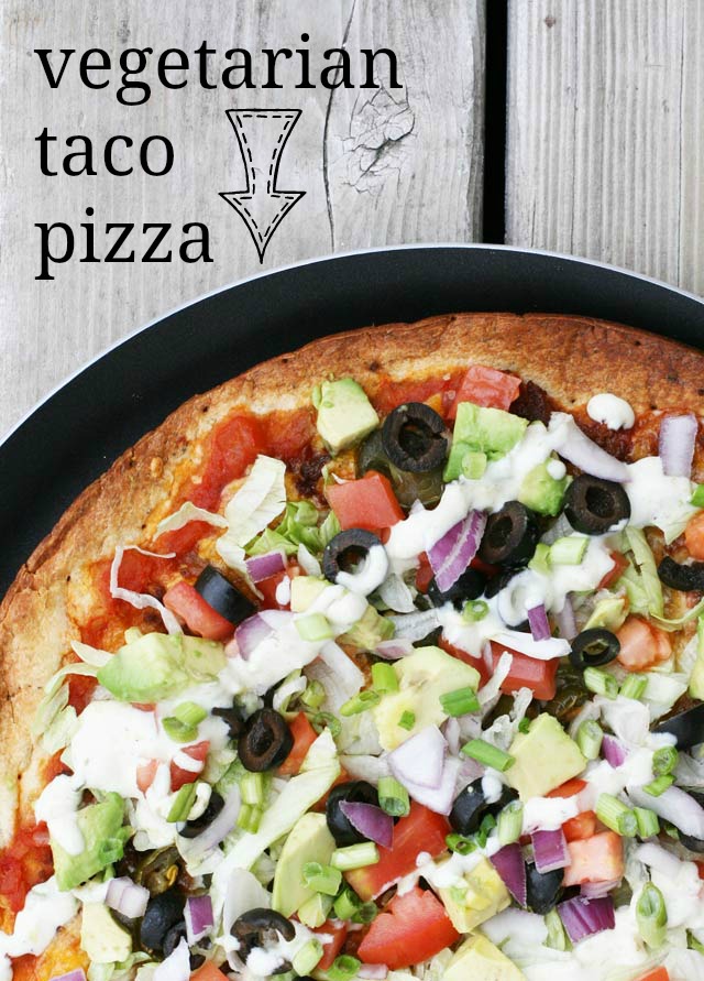 Vegetarian taco pizza recipe, made with pantry staples. Repin to save!