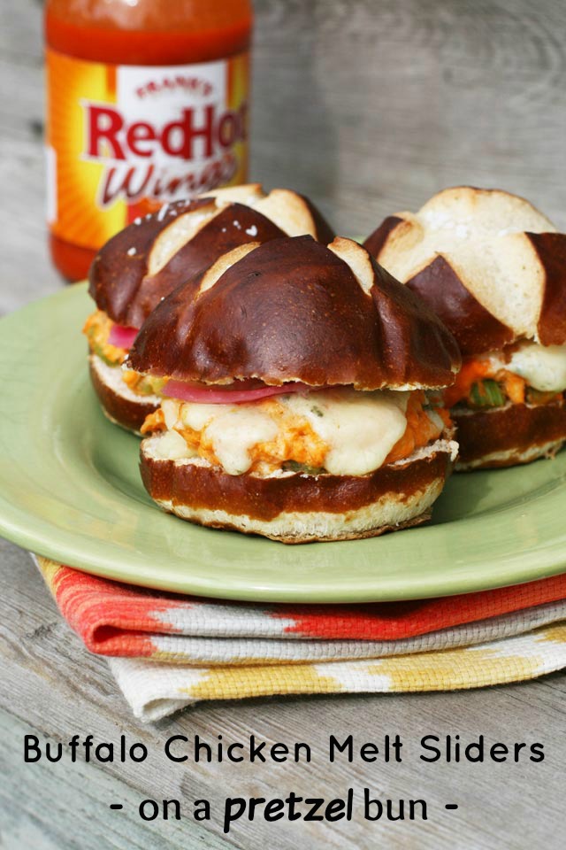 Buffalo chicken melt sliders (on a pretzel bun!) Click through for recipe.