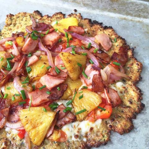 Hawaiian Pizza (with a cauliflower crust). Paleo, gluten free, and LOADED with toppings!