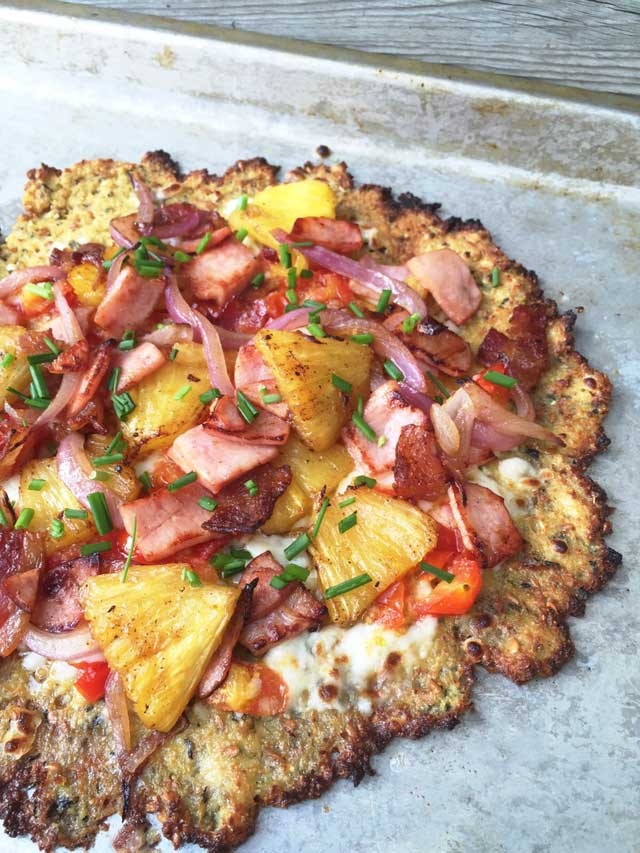Hawaiian Pizza (with a cauliflower crust). Paleo, gluten free, and LOADED with toppings!