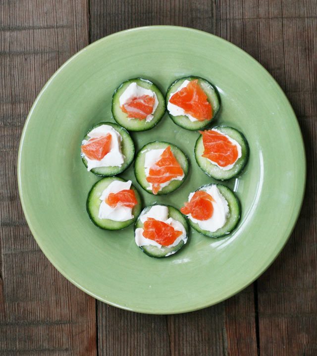 English cucumber topped with cream cheese and salmon.