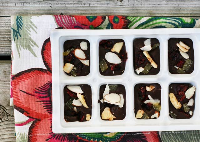 Customizable chocolate bites, made in an ice cube tray. Choose your own toppings and add-ins!