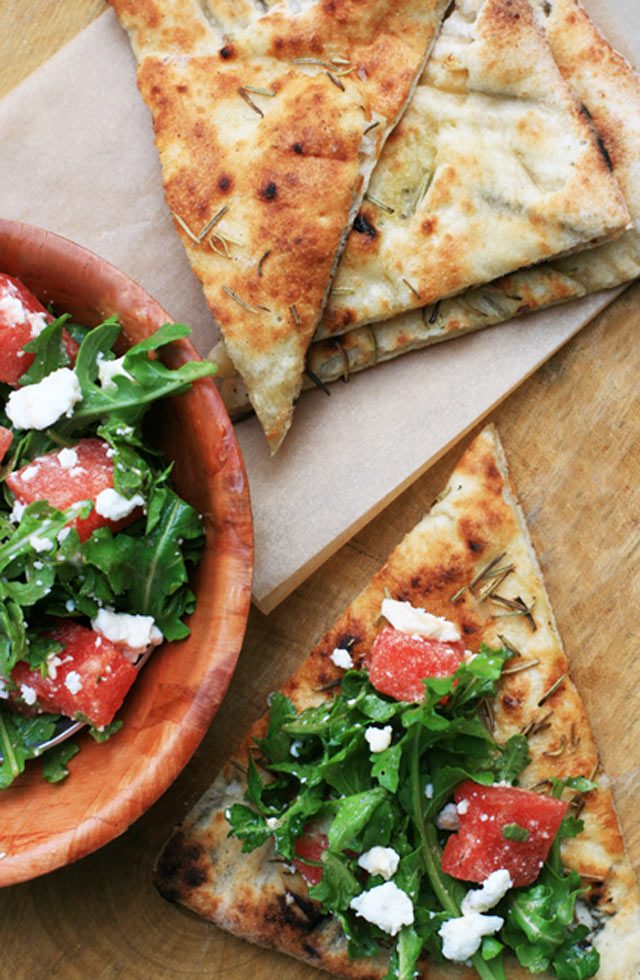 Salad on bread: Watermelon, Feta, and arugula salad served on focaccia bread. So easy - so delicious for an effortless meal!
