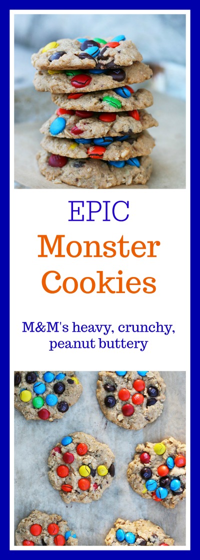 EPIC monster cookies! These are heavy on the M&M's, crunchy, and peanut buttery. Click through for recipe.