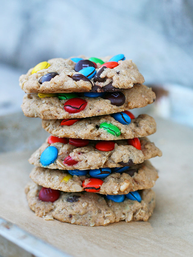 EPIC monster cookies. They are LOADED with M&Ms. Click through for recipe!