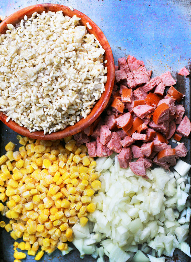 Ingredients to make ring bologna and sweet corn fried rice: Click through for recipe!