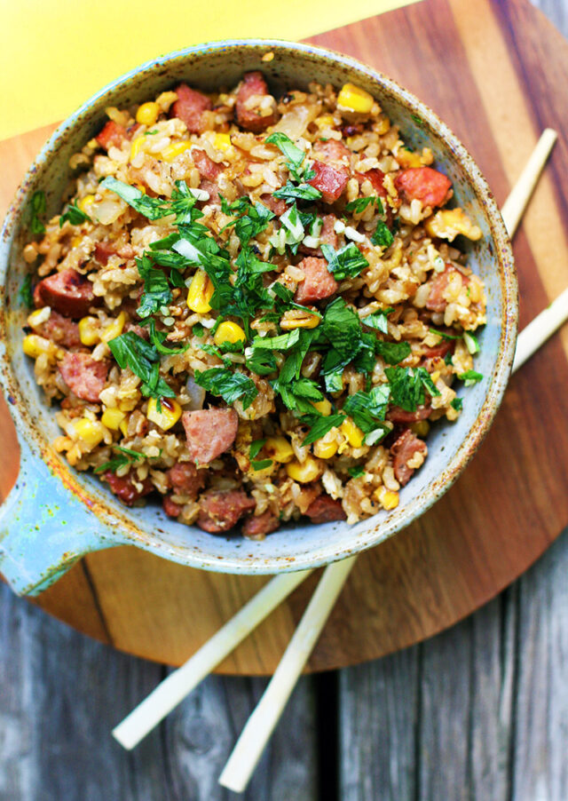Fried rice with ring bologna and sweet corn: Cheap and easy to make. Click through for recipe!
