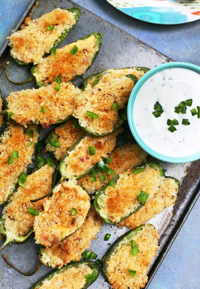 Bacon-jalapeno poppers, made with garden veggie whipped cream cheese. Click through for recipe.