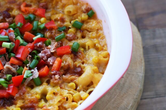 Cheesy corn hotdish recipe: One of my favorite hotdish/casserole recipes that takes 5 minutes to prepare! A potluck favorite.