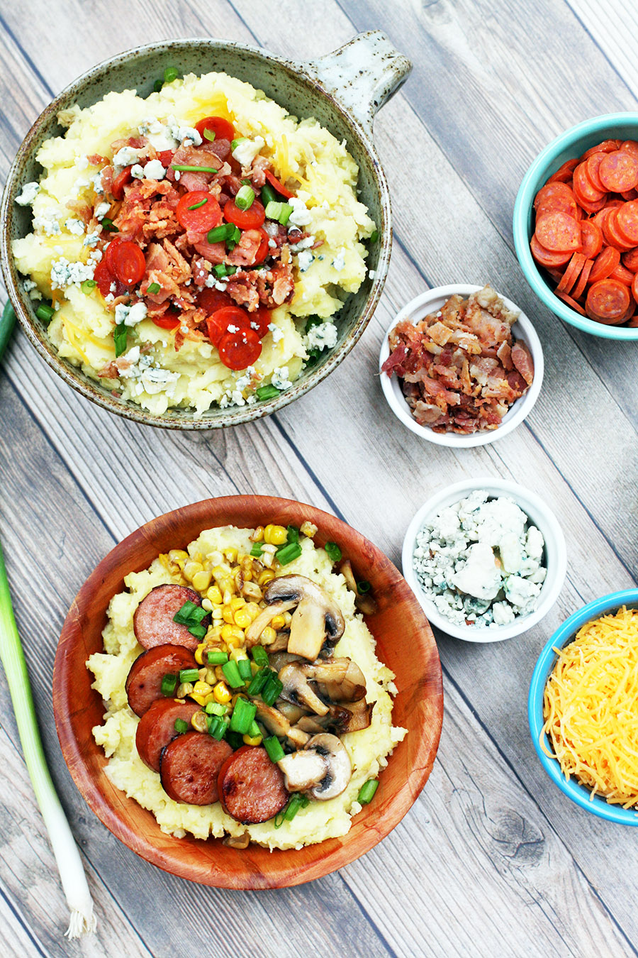 Leftover mashed potato bar: Mashed potatoes with lots of toppings! Click through for recipes.