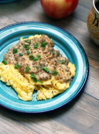 Eggs and sausage gravy. The lower carb version of biscuits and gravy!