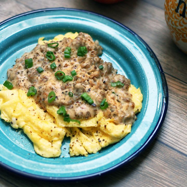 Eggs and sausage gravy. The lower carb version of biscuits and gravy!