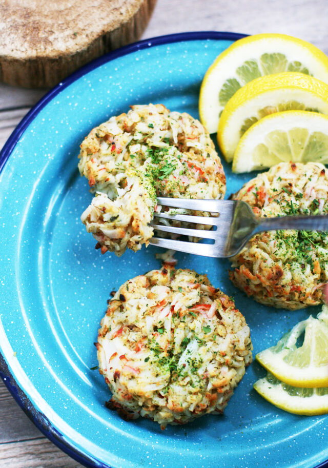 Imitation crab cakes: Savory crab cakes made with less expensive imitation crab.