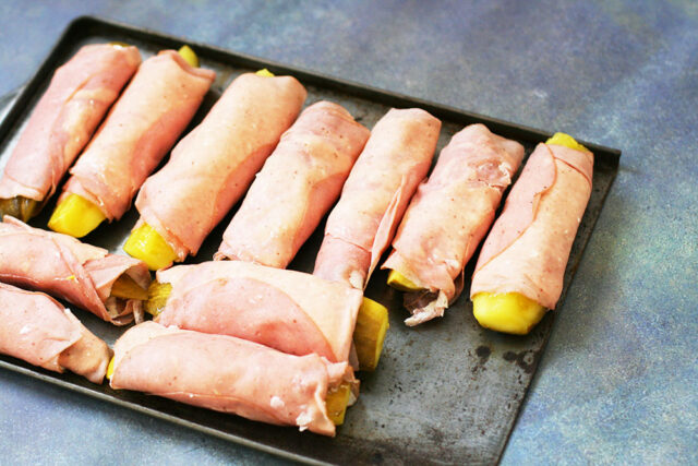 Ham and pickle roll ups - made into egg rolls! Click through for recipe.