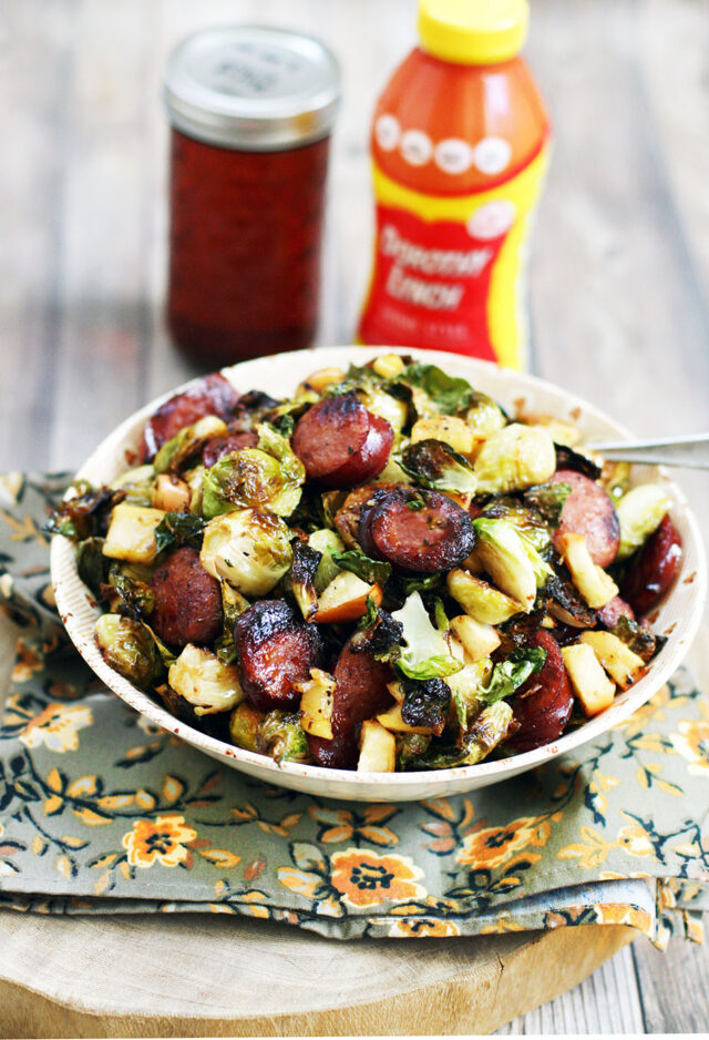 Maple-roasted Brussels sprouts and ring bologna. Click through for recipe!