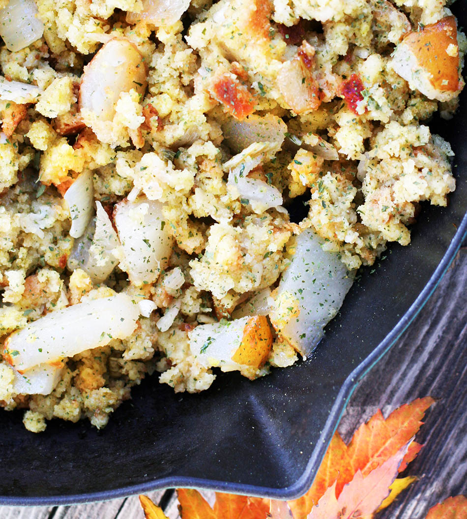 Boxed stuffing with pears and onions. Click through for 40+ boxed stuffing upgrade ideas!