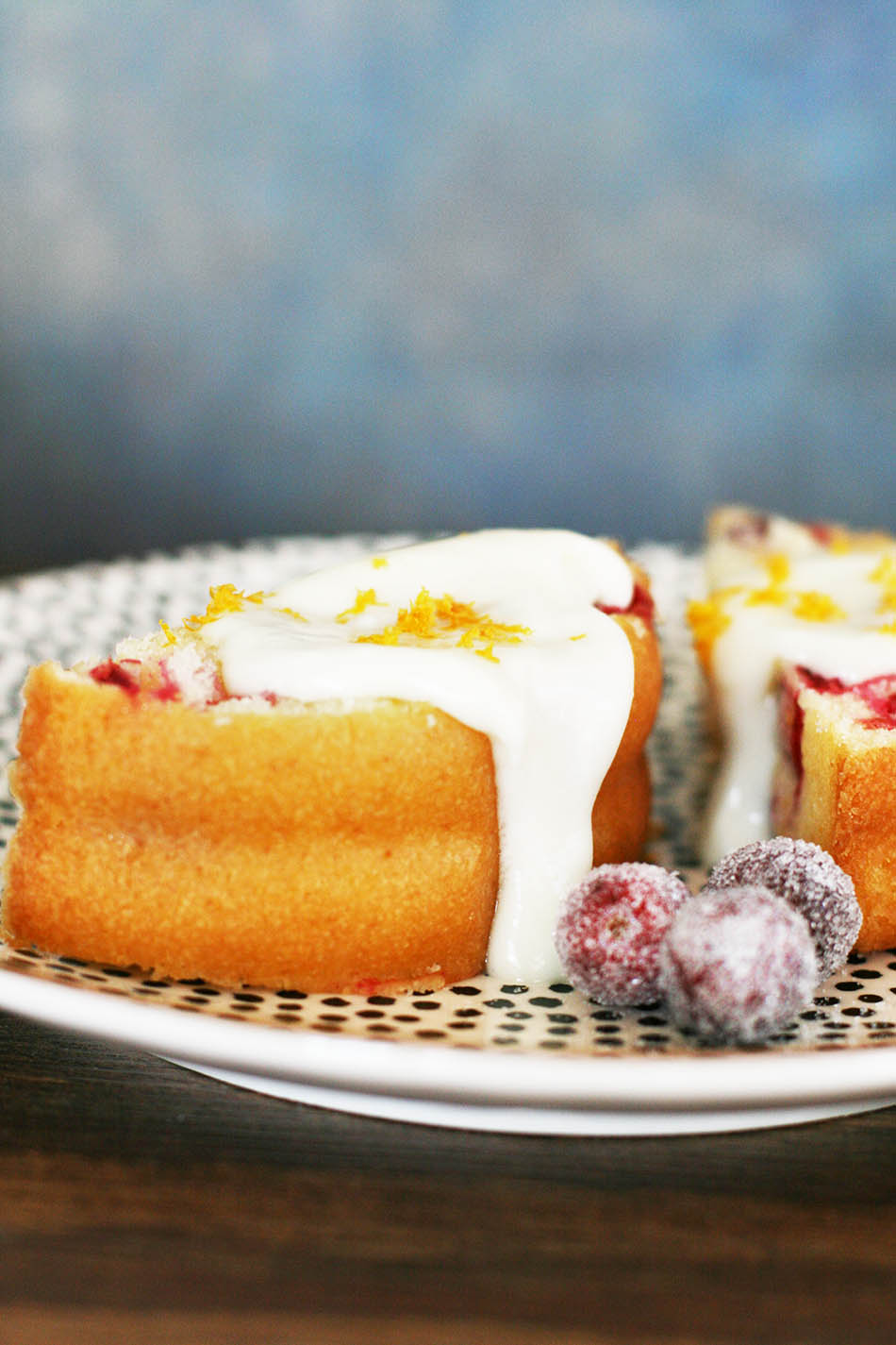 Cranberry almond cake, with sugared cranberries. Click through for easy, festive recipe.