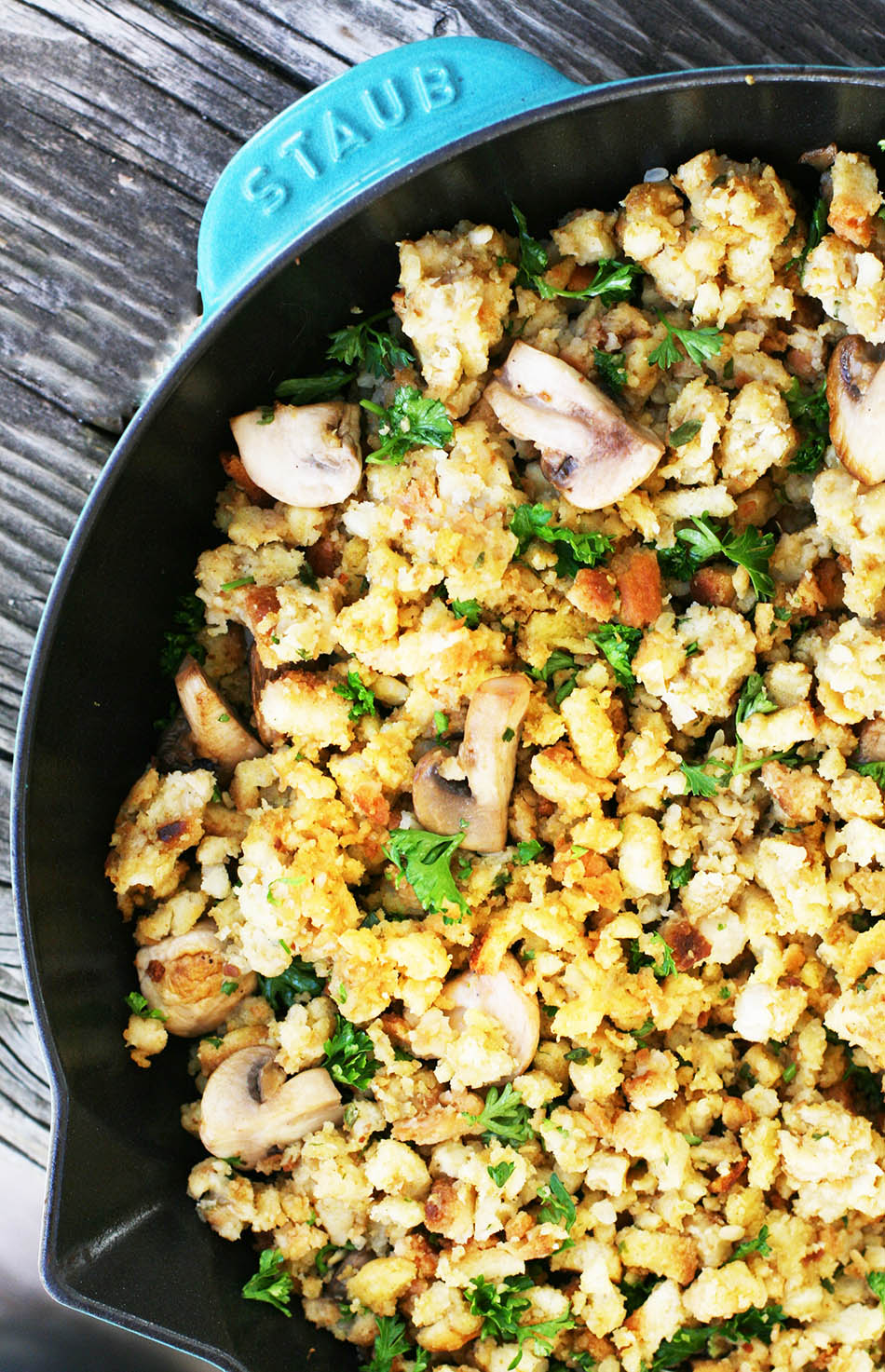 How to doctor up boxed stuffing: Make this herb and mushroom stuffing with two simple add-ins.