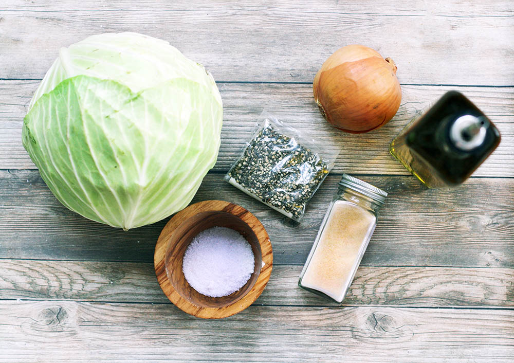 Ingredients needed to make savory roasted cabbage. Click through for full recipe.