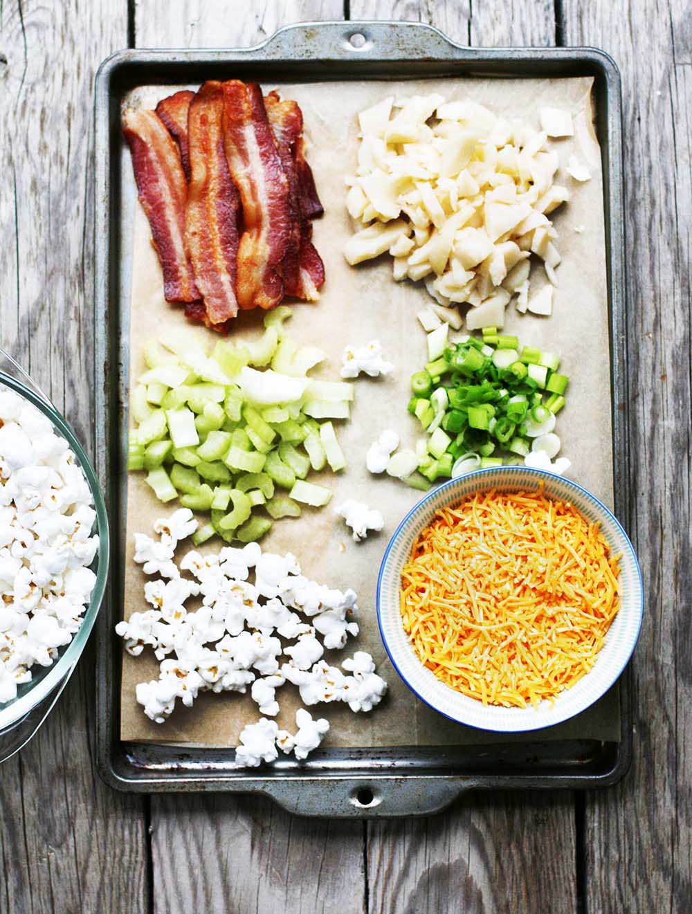 Bahan-bahan yang diperlukan untuk membuat salad popcorn: Klik untuk resipi terperinci!