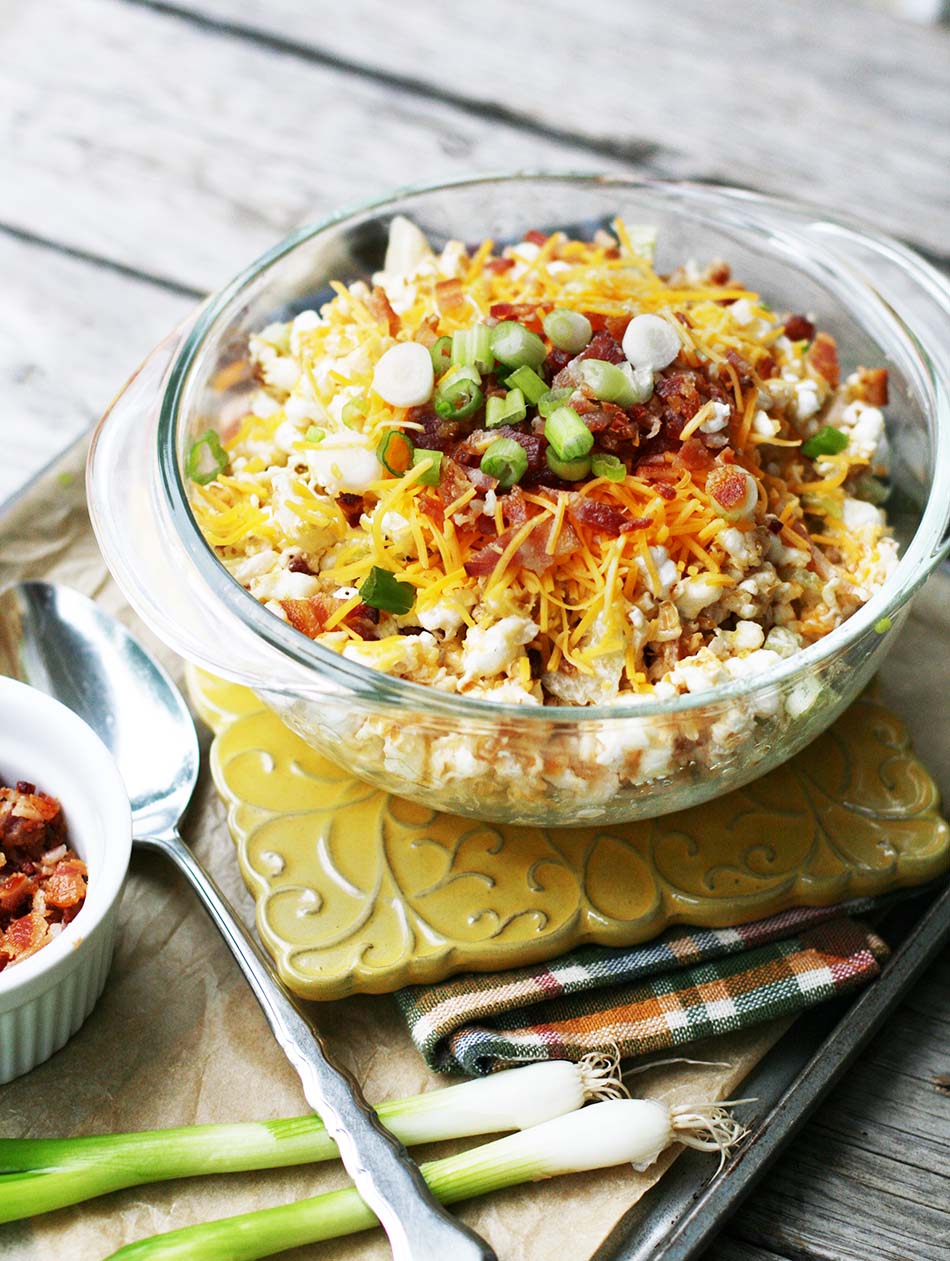 Popcorn salad: Popcorn is the base, then you add bacon, onions, cheese, and other yummy ingredients!