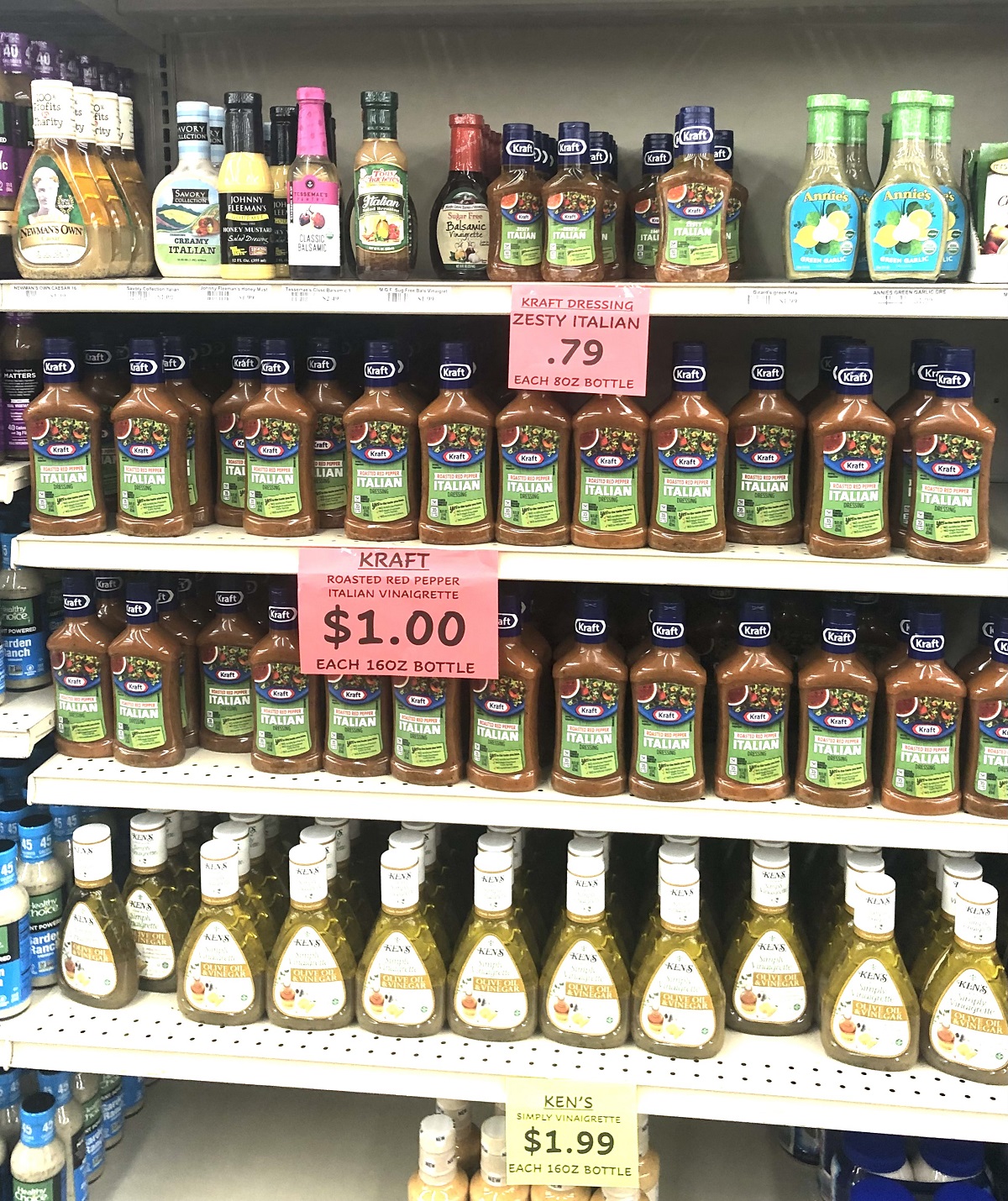 Cheap salad dressings, found at a salvage grocery store.