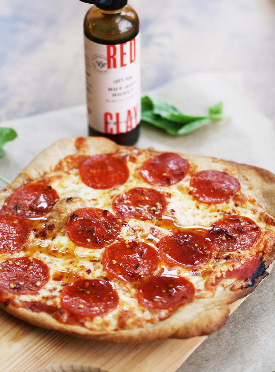 Hot honey pizza, with red sauce, pepperoni, and chili oil