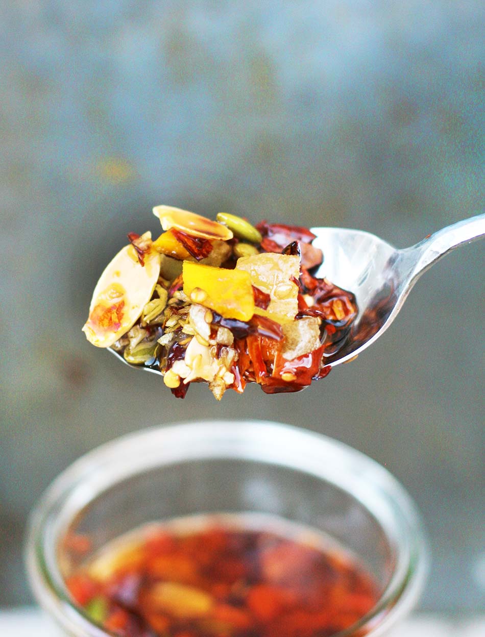 Fruited chili crisp: With pineapple, mango, sesame seeds, almonds, and other crunchy ingredients.