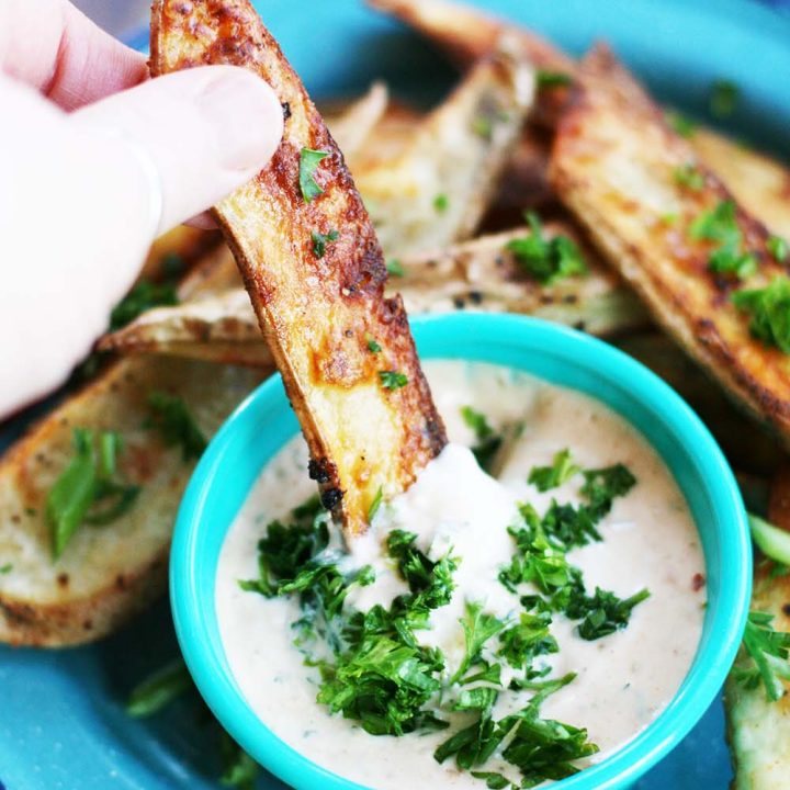 Extra crispy steak fries with dipping sauce. Click through for recipe.