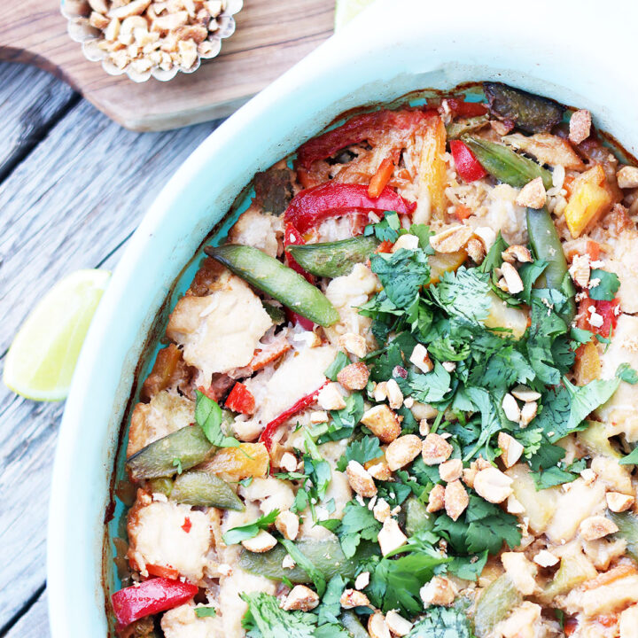 Peanut chicken and rice bake: A Thai-inspired, all-made-in-one-pan dish.