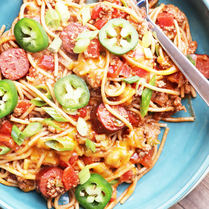 Cowboy spaghetti with einkorn spaghetti noodles from Grand Teton Ancient Grains