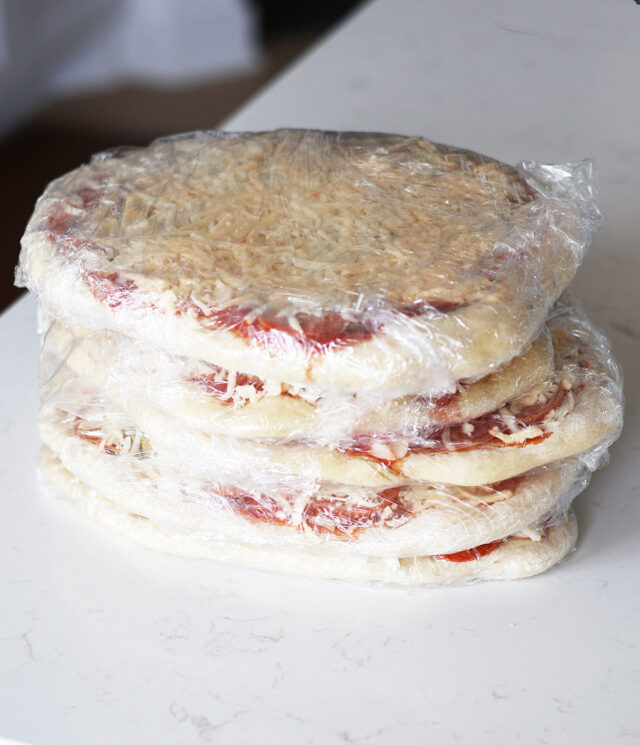 Homemade frozen pizzas, ready to bake